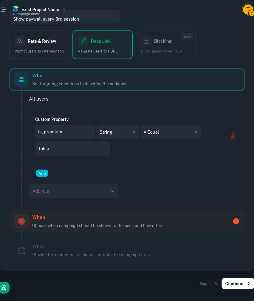 Admin panel Who step filled with App Version and Countries conditions