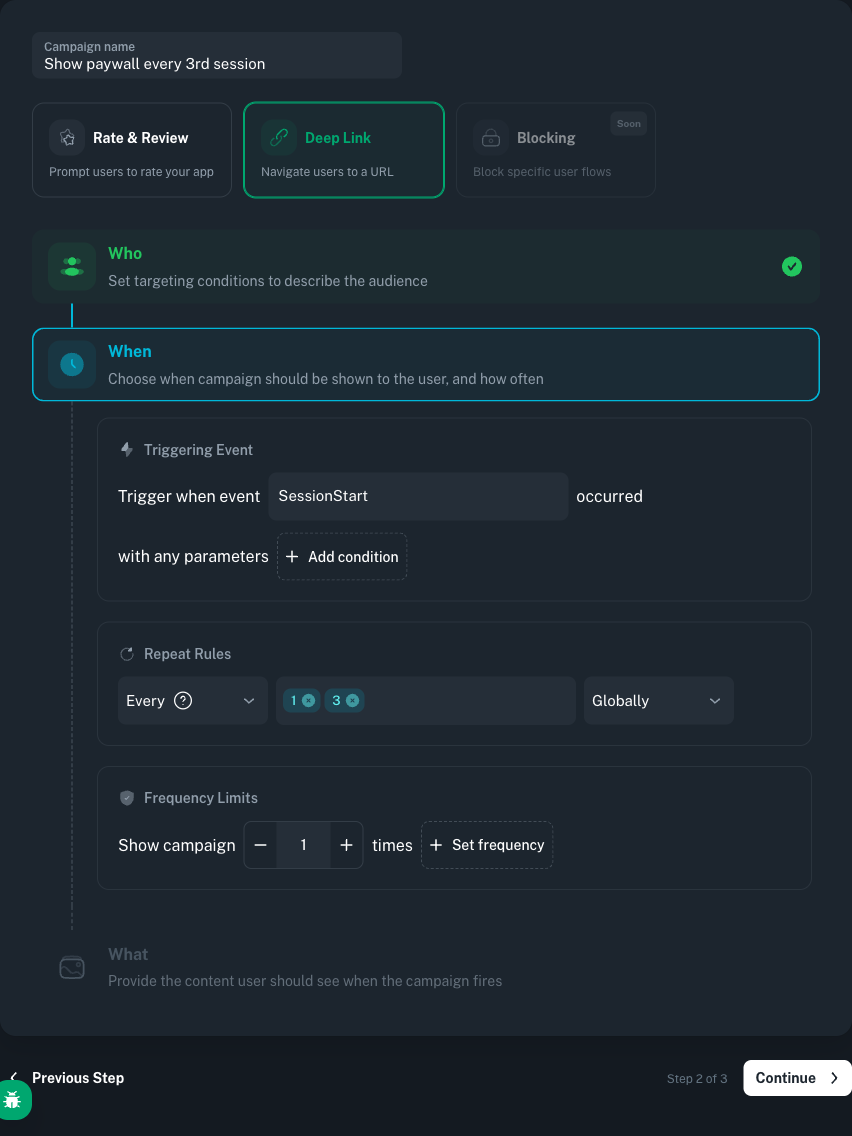 Admin panel Frequency Limits with lifetime total set to 3